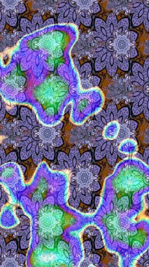 Eski usul. Kumaş, tekstil, duvar kağıdı baskısı için. Eskiz geçmişi. Renkli desenli eskiz deseni, mor ve mavi çiçekler ve dekoratif elementler. Raster illüstrasyonu.