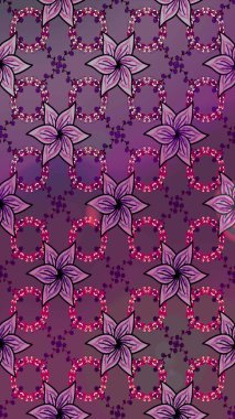 Küçük çiçekteki sevimli çiçek deseni. Birçok mor ve kahverengi soyut çiçekli tropik, pürüzsüz desen. Varicolopurple ve kahverengi raster pürüzsüz illüstrasyon.