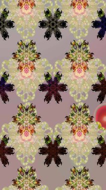 1950-1960 motifleri. Retro tekstil tasarım koleksiyonu. Bej ve gri üzerine bej ve gri. El çizimi çiçek unsurları olan soyut çizim raster deseni. Çiçekli ipek eşarp..