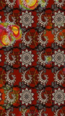 Varicolobrown ve Red Raster çizimi. Bir sürü kahverengi ve kırmızı soyut çiçekli tropik eskiz deseni. Küçük çiçekte sevimli çiçek deseni var..