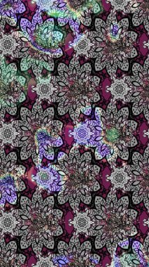 Eski moda arka plan. Güzel, parlak, pürüzsüz kumaş, tuval. Kıvırcık, parlak örgü. Desen, çizim, çiçek sınırı. Çiçek çelengi. Raster illüstrasyonu.