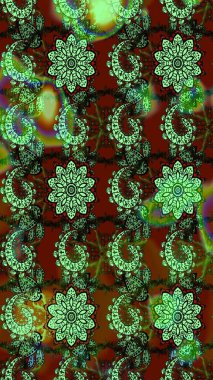 Yeşil ve kahverengi arka planda. Tekstil, kumaş, ambalaj, hatıra defteri için hoş bir çiçek arkaplanı. Elle çizilmiş çiçek desenli Raster çizimi. Çocuksu tasarım.