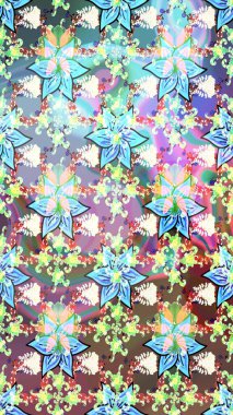 Parmak izi, kumaş, duvar kâğıdı, tekstil için raster dokusu. İşlemeli çiçekli, dikişsiz desen. Renkli grunge, koloni ve mavi çiçeklerle soyut arkaplanı zenginleştirir.