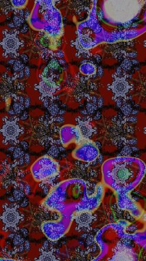 Nakış desenli çiçek deseni. Renkli grunge, soyut arkaplanı kolonya ve kırmızı çiçeklerle süslüyor. İzler, kumaş, duvar kağıtları, tekstil için raster dokusu.