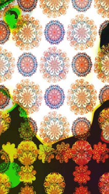 Suluboya çiçekli çiçek deseni. Beyaz ve kahverengi renkli Asya tekstili. Raster illüstrasyonu.