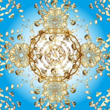 Klasik vektör altın seamless modeli. Çiçek süsleme brokar Tekstil desen, cam, metal mavi ve nötr renkler altın elemanları ile çiçek desenli.