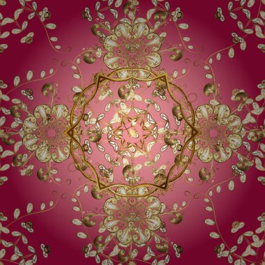 Süslü dekorasyon. Vector vintage barok çiçeksiz altın desenli. Pembe ve kırmızı renklerdeki altın desenli altın elementler. Lüks, kraliyet ve Viktorya dönemi konsepti.