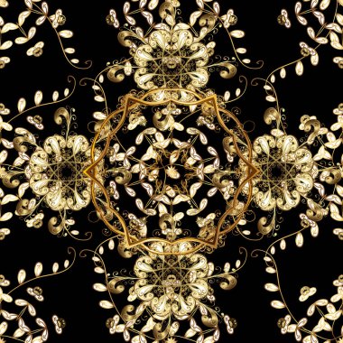 Damask kusursuz yinelenen arkaplan. Doku arka planında altın duvar kâğıdı. Barok tarzında altın çiçekli süs. Siyah ve kahverengi renkler üzerine altın element.
