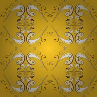 Antika altın tekrarlanabilir duvar kağıdı. Damask arkaplanı tekerrür ediyor. Barok tarzında altın çiçek süsü. Sarı ve bej renklerdeki altın element.