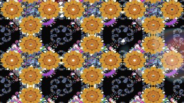 Raster illüstrasyonu. Siyah renkli çiçekler. Çiçek süslemeli çizim deseni.