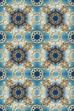 Raster geleneksel oryantasyon süsü. Kusursuz klasik altın desen. Altın desenli mavi, gri ve bej üzerine altın elementler.