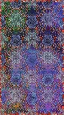 Renkli Bahar Temalı Kusursuz Arkaplan. Raster illüstrasyonunda kusursuz çiçek deseni. Mor ve mavi renkte çiçekler. Düz Çiçek Elementleri Tasarımı.