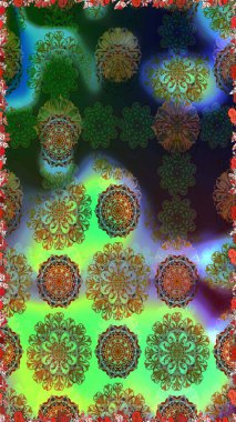 Raster illüstrasyonu. Şirin çiçekli kusursuz desen ve yeşil ve kahverengi renkli yapraklar, suluboya çiçek deseni, duvar kağıdı, kart veya kumaş için fayanslı.