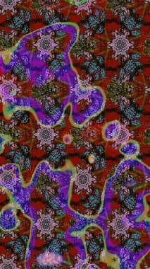 Çocuksu tasarım. Kahverengi ve kırmızı arka planda. Elle çizilmiş çiçek desenli Raster çizimi. Tekstil, kumaş, ambalaj, hatıra defteri için güzel çiçek arkaplanı..