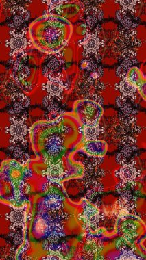 Kabile sanatı boho baskısı, klasik çiçek arkaplanı. Soyut etnik raster çizim kalıbı. Arkaplan dokusu, duvar kağıdı, kahverengi ve kırmızı renkli çiçek teması.