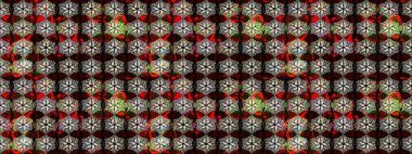 Siyah ve kahverengi renkli bitkilerden oluşan parlak çiçekli çizim deseni.