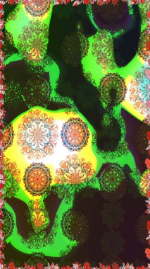 Yeşil renklerde. Taslak dekoratif arka plan, çiçek mandala. Raster illüstrasyonu. Çiçek..