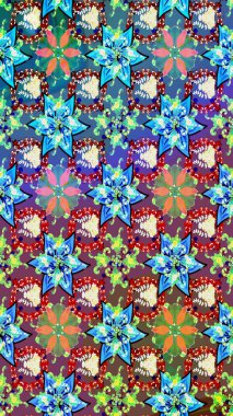 Mavi ve mor renkli çiçekler. Çiçek deseni. Raster illüstrasyonu. Şatafatlı bahar bahçesi dokusu. Mavi ve mor renkte çiçek çizimi.