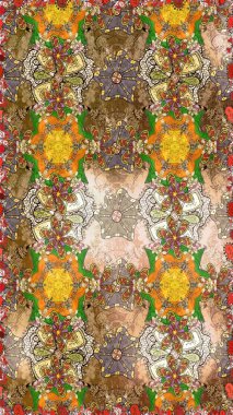 Kahverengi ve bej renkli Asya tekstili. Raster illüstrasyonu. Suluboya çiçekli çiçek deseni.