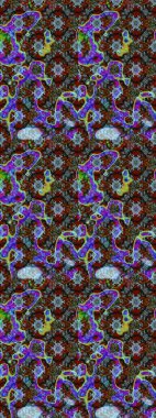 Modern çiçek arkaplanı. Moda baskıları için zarif bir şablon. Parlak renkli çiçekleri olan ve mavi ve kahverengi renkli yaprakları olan harika bir çiçek deseni. Halk stili.