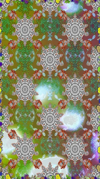 Raster illüstrasyonu. Kahverengi ve gri renkli Asya tekstili. Kusursuz çiçek deseni.