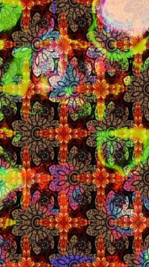 Siyah ve kahverengi üzerine siyah ve kahverengi. Retro tekstil tasarım koleksiyonu. 1950-1960 motifleri. El çizimi çiçek unsurları olan soyut çizim raster deseni. Çiçekli ipek eşarp..