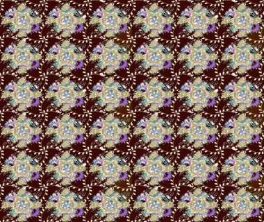 Çiçek desenli çizim. Raster illüstrasyonu. Asya tekstil tarzında. Raster illüstrasyonu. Kahverengi renkte çiçekler.