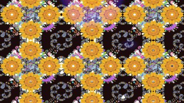Parlak renkli çiçekleri ve sarı ve gri renkte yaprakları olan şaşırtıcı, pürüzsüz çiçek deseni. Modern çiçek arkaplanı. Halk tarzı. Moda baskıları için zarif bir şablon.