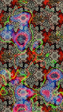 Raster illüstrasyonu. Moda arka planında parlak buketler. Kumaş, duvar kağıdı ve kağıt üzerine baskı yapmak için gelişen arka plan. Eski usul küçük çiçekli şirin bir eskiz deseni..