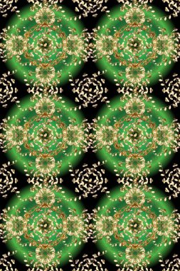 Arkaplan, kumaş, altın duvar kağıdı. Raster altın pürüzsüz desen. Yeşil ve siyah renklerdeki altın desenli altın elementler. Düz elle çizilmiş vintage koleksiyonu.