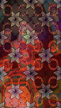 Raster illüstrasyonu. Şirin çiçekli kusursuz desen ve kahverengi ve kırmızı renklerde yapraklar, suluboya çiçek deseni, duvar kağıdı, kart veya kumaş için fayanslı.