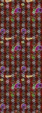 Gri ve kırmızı renklerde Asya tekstili. Çiçek desenli çizim. Raster illüstrasyonu.