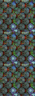 Raster Yumuşak kumaş deseni. Raster çiçek izi. Çiçek yeşili ve mavi çizim deseni. Klasik taslak çizimi.