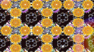 Renkli Bahar Temalı Kusursuz Arkaplan. Sarı ve gri renkli şirin çiçek desenleri. Düz Çiçek Elementleri Tasarımı. Raster Modaya uygun kumaş deseni.
