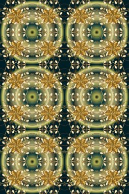 Parlak dantel, stilize çiçekler, şal desenli. Güzel renklerde ve altın elementlerle kusursuz desen. Doğu tarzı arabesk. Raster illüstrasyonu. Hassas altın deseni açın. Kusursuz altın dokular bukleler