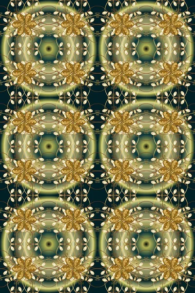 Parlak dantel, stilize çiçekler, şal desenli. Güzel renklerde ve altın elementlerle kusursuz desen. Doğu tarzı arabesk. Raster illüstrasyonu. Hassas altın deseni açın. Kusursuz altın dokular bukleler