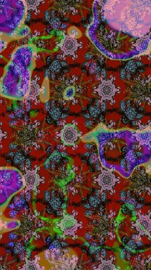 Tekstil için suluboya eskiz deseni. El çizimi çiçek çizimi deseni (fayans). Şirin çiçekler, şal desenli, kırmızı ve kahverengi renkli çizim deseni.