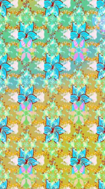 Raster Çiçek İllüstrasyonu 'nun şirin tekstili. Tarafsız ve mavi renkte etnik çiçeklerle süslenmiş zarif bir eskiz..