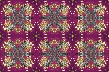 Süslü dekorasyon. Mor ve gri renklerdeki altın desenli altın elementler. Lüks, kraliyet ve Viktorya dönemi konsepti. Raster klasik barok çiçeksiz altın desenli..