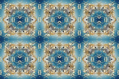 Noel, kar tanesi, yeni yıl. Mavi, nötr ve gri renklerde altın elementlerle kusursuz klasik desen. Mavi, nötr ve gri renklerde, altın elementlerle altın pürüzsüz desen.