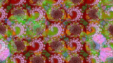 Moda baskıları için zarif bir şablon. Modern çiçek arkaplanı. Parlak renkli çiçekleri olan ve kırmızı ve yeşil renkli yaprakları olan harika bir çiçek deseni. Halk stili.