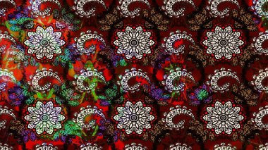 Halk tarzı. Modern çiçek arkaplanı. Parlak renkli çiçekleri ve siyah ve kahverengi renkte yaprakları olan harika bir çiçek deseni. Moda baskıları için zarif bir şablon.