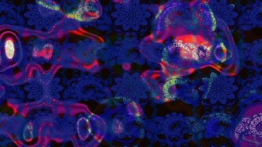 Mavi ve siyah renklerde. Raster illüstrasyonu. 3D çiçekler, çizim.