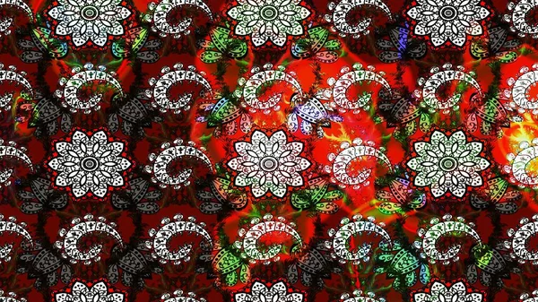 Kırmızı ve siyah renkte çiçekler. Raster illüstrasyonu. Asya tekstil tarzında. Çiçek desenli çizim. Raster illüstrasyonu.