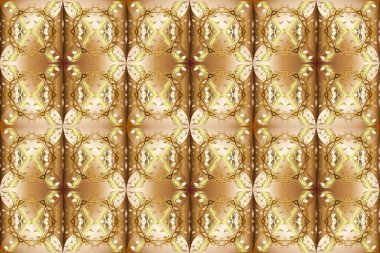 Raster illüstrasyonu. Altın elementli bej, kahverengi ve nötr renklerde klasik dikişsiz desen.