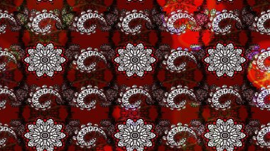 Kırmızı ve kahverengi renkte etnik çiçeklerle süslenmiş zarif bir eskiz şekli. Raster Çiçek İllüstrasyonu güzel tekstil..