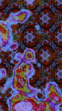 Halk tarzı. Parlak renkli çiçekleri ve mor ve kahverengi renkte yaprakları olan harika bir çiçek deseni. Modern çiçek arkaplanı. Moda baskıları için zarif bir şablon.