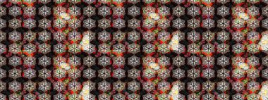 Düz Çiçek Elementleri Tasarımı. Asya tekstil tarzında. Çiçek desenli çizim. Siyah ve kahverengi renkte çiçekler. Renkli Bahar Teması eskiz kalıbı. Raster illüstrasyonu.