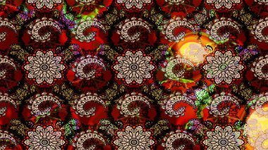 Suluboya, elle çizilmiş. Siyah ve kırmızı üzerine çiçekler. Raster hisseleri. Taslak arkaplan deseni.