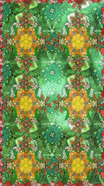 Güzel, parlak, pürüzsüz kumaş, tuval. Eski moda arka plan. Çiçek çelengi. Kıvırcık, parlak örgü. Raster illüstrasyonu. Desen, çizim, çiçek sınırı..